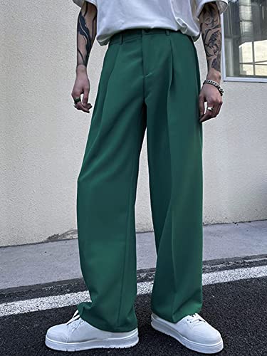 Milumia Men's Casual High Waisted Wide Leg Long Pants Button Zipper Fly Loose Trousers Green Large