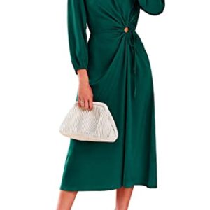 PRETTYGARDEN Women's 2023 Satin Maxi Dress Puff Long Sleeve Crewneck Cutout Casual A-line Long Flowy Dresses (Dark Green,X-Large)