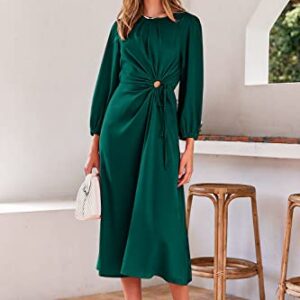 PRETTYGARDEN Women's 2023 Satin Maxi Dress Puff Long Sleeve Crewneck Cutout Casual A-line Long Flowy Dresses (Dark Green,X-Large)