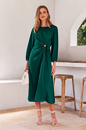 PRETTYGARDEN Women's 2023 Satin Maxi Dress Puff Long Sleeve Crewneck Cutout Casual A-line Long Flowy Dresses (Dark Green,X-Large)