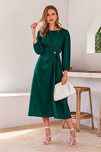 PRETTYGARDEN Women's 2023 Satin Maxi Dress Puff Long Sleeve Crewneck Cutout Casual A-line Long Flowy Dresses (Dark Green,X-Large)