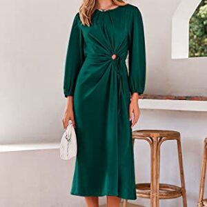 PRETTYGARDEN Women's 2023 Satin Maxi Dress Puff Long Sleeve Crewneck Cutout Casual A-line Long Flowy Dresses (Dark Green,X-Large)