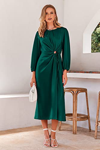 PRETTYGARDEN Women's 2023 Satin Maxi Dress Puff Long Sleeve Crewneck Cutout Casual A-line Long Flowy Dresses (Dark Green,X-Large)