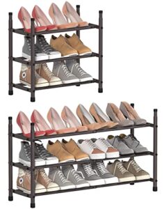 tzamli 3-tier stackable closet shoe rack organizer, expandable and adjustable metal shoes shelf storage small shoe rack for entryway dorm, brown