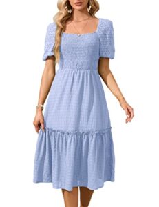 murmurey womens summer puff short sleeve boho smocked dress square neck empire waist a line layered midi dresses