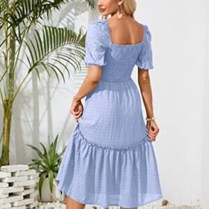 MURMUREY Womens Summer Puff Short Sleeve Boho Smocked Dress Square Neck Empire Waist A Line Layered Midi Dresses