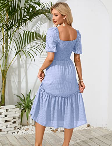 MURMUREY Womens Summer Puff Short Sleeve Boho Smocked Dress Square Neck Empire Waist A Line Layered Midi Dresses