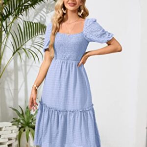 MURMUREY Womens Summer Puff Short Sleeve Boho Smocked Dress Square Neck Empire Waist A Line Layered Midi Dresses