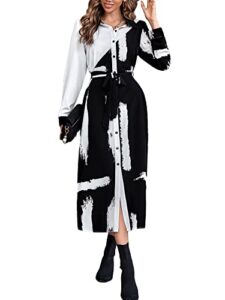 wdirara women's colorblock brush print button front long sleeve belted maxi shirt dress black and white m