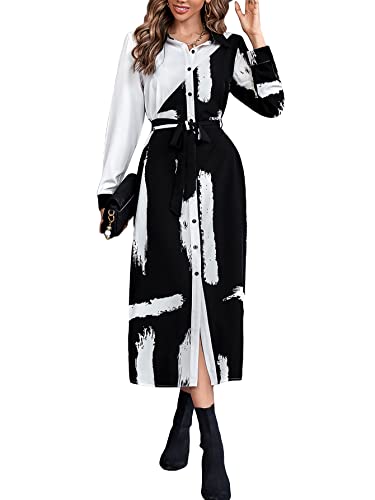 WDIRARA Women's Colorblock Brush Print Button Front Long Sleeve Belted Maxi Shirt Dress Black and White M