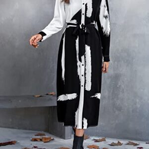 WDIRARA Women's Colorblock Brush Print Button Front Long Sleeve Belted Maxi Shirt Dress Black and White M