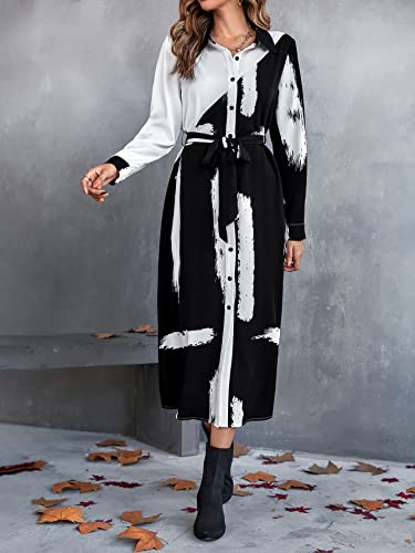 WDIRARA Women's Colorblock Brush Print Button Front Long Sleeve Belted Maxi Shirt Dress Black and White M