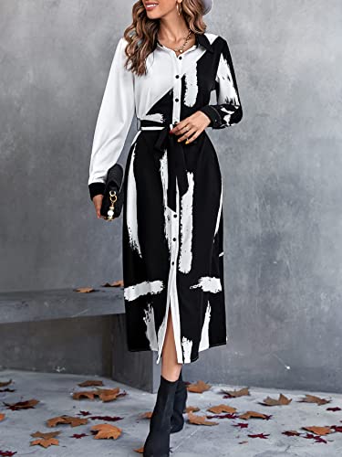 WDIRARA Women's Colorblock Brush Print Button Front Long Sleeve Belted Maxi Shirt Dress Black and White M