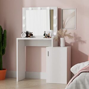 Cozy Castle White Vanity Desk with Mirror and Lights, Makeup Desk with Storage Cabinet, Small Vanity Table for Bedroom