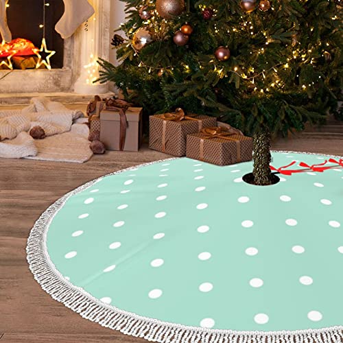 Christmas Tree Skirt 48" - Green Polka Dots Printed Tree Skirt with Tassel Xmas Tree Decoration for Christmas Holiday