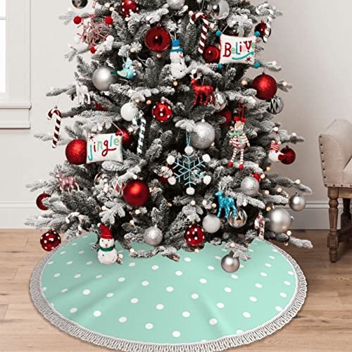 Christmas Tree Skirt 48" - Green Polka Dots Printed Tree Skirt with Tassel Xmas Tree Decoration for Christmas Holiday