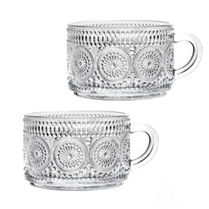 amzcku vintage coffee tea cups, glass mugs 14 oz set of 2 embossed glassware with handle, for cappuccino, latte, cereal, yogurt, beverage hot/cold, milk