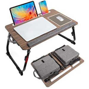 lap laptop desk-fits up to 17.3 inch foldable laptop bed tray table with adjustable dual cushion,portable wood laptop stand for sofa bed,laptop desk with multifunctional slot（coffee color）