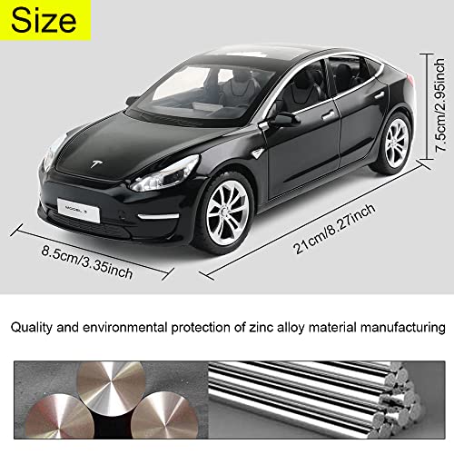 1/24 Diecast Model 3 Toy Car, Alloy Casting Pull Back Collectible Car Vehicles with Sound and Light, 6 Open Doors, Tesla Big Model 3 Car Model Toy for Kids Adults Birthday Gift (Black)
