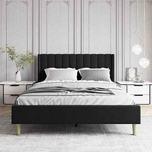 Zoophyter Upholstered Platform Bed Frame Queen Size with Headboard,Strong Wooden Slats Support No Box Spring Needed Easy Assembly Black