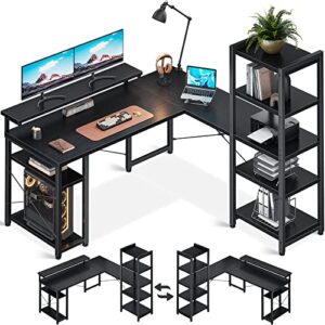 odk l shaped desk with monitor stand, 54 inch home office desks with storage printer shelves, reversible corner gaming desk with bookshelf for bedroom, black