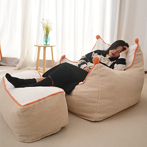 N&V Bean Bag Chair Giant High-Density Foam Filling Sofa with Foot Stool Includes Removable and Machine Washable Cover for Teens, Adults to Gaming, Reading, and Watching TV (Light Khaki)