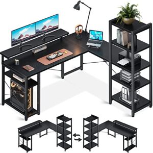 odk l shaped desk with monitor stand, 61 inch home office desks with storage printer shelves, reversible corner gaming desk with bookshelf for bedroom, black