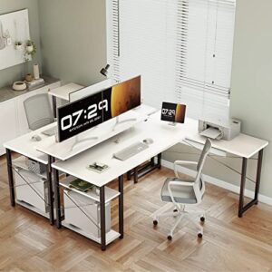 ODK L Shaped Gaming Desk, 61'' Corner Computer Desk with Monitor Stand & Storage Shelf, Sturdy Home Office Desk, Writing Desk Table, Work Desk, White