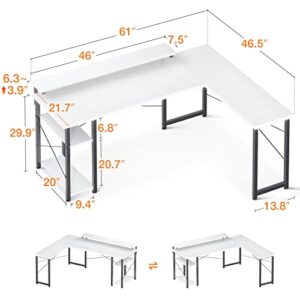 ODK L Shaped Gaming Desk, 61'' Corner Computer Desk with Monitor Stand & Storage Shelf, Sturdy Home Office Desk, Writing Desk Table, Work Desk, White