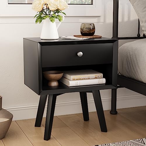 Black Nightstand with 1 Drawer Mid Century Modern Nightstand Wood Bed Side Table for Bedroom 24 Inch Tall Bedside Table Night Stand with Drawers Farmhouse End Table Mesas De Noche para Cuartos