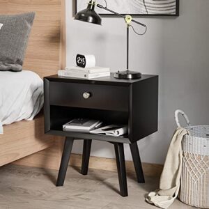 Black Nightstand with 1 Drawer Mid Century Modern Nightstand Wood Bed Side Table for Bedroom 24 Inch Tall Bedside Table Night Stand with Drawers Farmhouse End Table Mesas De Noche para Cuartos