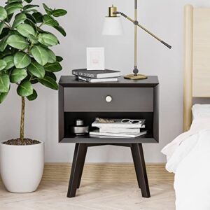 Black Nightstand with 1 Drawer Mid Century Modern Nightstand Wood Bed Side Table for Bedroom 24 Inch Tall Bedside Table Night Stand with Drawers Farmhouse End Table Mesas De Noche para Cuartos