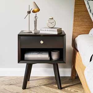 Black Nightstand with 1 Drawer Mid Century Modern Nightstand Wood Bed Side Table for Bedroom 24 Inch Tall Bedside Table Night Stand with Drawers Farmhouse End Table Mesas De Noche para Cuartos