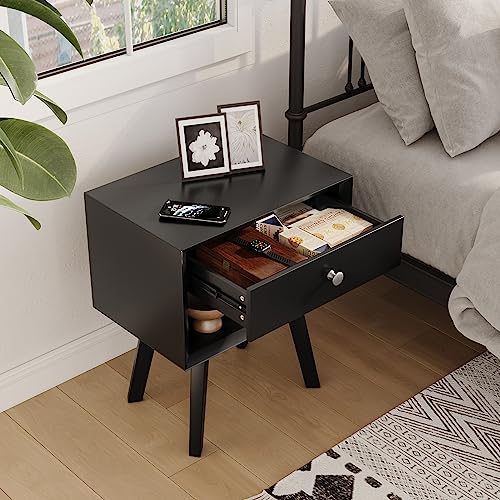 Black Nightstand with 1 Drawer Mid Century Modern Nightstand Wood Bed Side Table for Bedroom 24 Inch Tall Bedside Table Night Stand with Drawers Farmhouse End Table Mesas De Noche para Cuartos