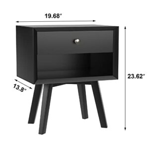 Black Nightstand with 1 Drawer Mid Century Modern Nightstand Wood Bed Side Table for Bedroom 24 Inch Tall Bedside Table Night Stand with Drawers Farmhouse End Table Mesas De Noche para Cuartos