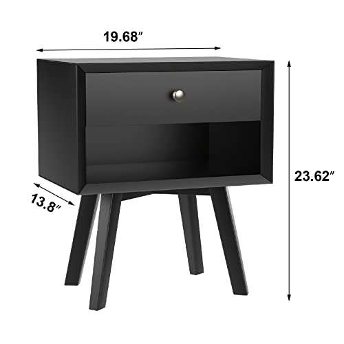 Black Nightstand with 1 Drawer Mid Century Modern Nightstand Wood Bed Side Table for Bedroom 24 Inch Tall Bedside Table Night Stand with Drawers Farmhouse End Table Mesas De Noche para Cuartos