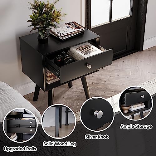 Black Nightstand with 1 Drawer Mid Century Modern Nightstand Wood Bed Side Table for Bedroom 24 Inch Tall Bedside Table Night Stand with Drawers Farmhouse End Table Mesas De Noche para Cuartos