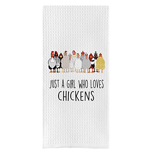 DOTAIN Funny Farmhouse Just a Girl Who Loves Chickens Waffle Weave Dish Towel Cloth Decor,Chicken Themed Washable Dishcloth for Kitchen Bathroom(24x16inch)