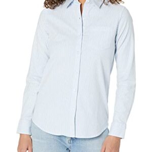 Amazon Essentials Women's Long Sleeve Button Down Stretch Oxford Shirt (Available in Plus Size), Blue/White/Stripe, Large