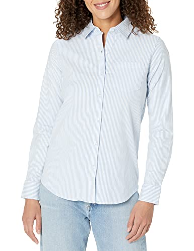 Amazon Essentials Women's Long Sleeve Button Down Stretch Oxford Shirt (Available in Plus Size), Blue/White/Stripe, Large