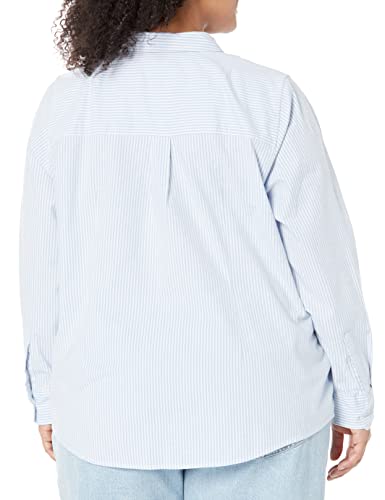 Amazon Essentials Women's Long Sleeve Button Down Stretch Oxford Shirt (Available in Plus Size), Blue/White/Stripe, Large