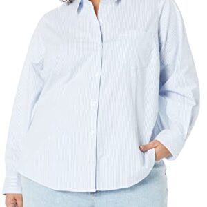 Amazon Essentials Women's Long Sleeve Button Down Stretch Oxford Shirt (Available in Plus Size), Blue/White/Stripe, Large