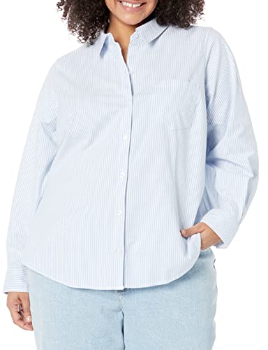 Amazon Essentials Women's Long Sleeve Button Down Stretch Oxford Shirt (Available in Plus Size), Blue/White/Stripe, Large