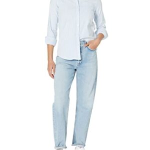 Amazon Essentials Women's Long Sleeve Button Down Stretch Oxford Shirt (Available in Plus Size), Blue/White/Stripe, Large