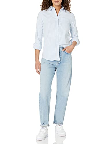 Amazon Essentials Women's Long Sleeve Button Down Stretch Oxford Shirt (Available in Plus Size), Blue/White/Stripe, Large