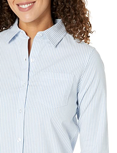 Amazon Essentials Women's Long Sleeve Button Down Stretch Oxford Shirt (Available in Plus Size), Blue/White/Stripe, Large