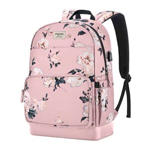 mosiso 15.6-16 inch laptop backpack for women, polyester anti-theft stylish casual daypack bag with luggage strap & usb charging port, camellia travel backpack, pink
