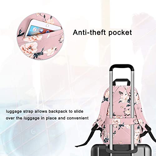 MOSISO 15.6-16 inch Laptop Backpack for Women, Polyester Anti-Theft Stylish Casual Daypack Bag with Luggage Strap & USB Charging Port, Camellia Travel Backpack, Pink