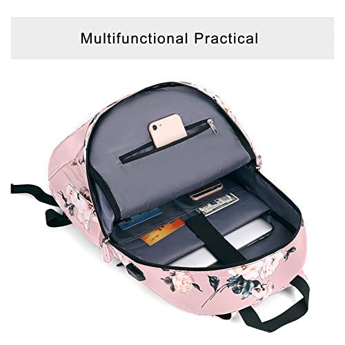 MOSISO 15.6-16 inch Laptop Backpack for Women, Polyester Anti-Theft Stylish Casual Daypack Bag with Luggage Strap & USB Charging Port, Camellia Travel Backpack, Pink