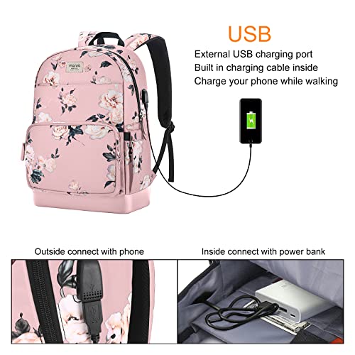 MOSISO 15.6-16 inch Laptop Backpack for Women, Polyester Anti-Theft Stylish Casual Daypack Bag with Luggage Strap & USB Charging Port, Camellia Travel Backpack, Pink